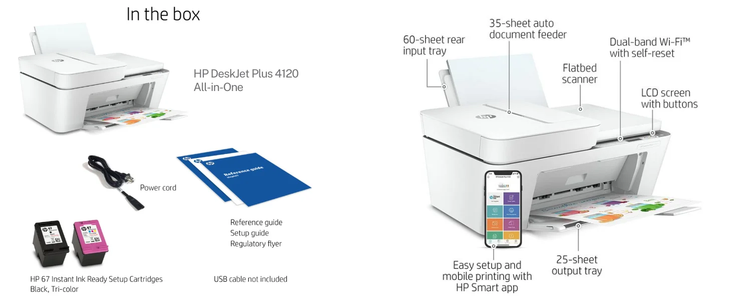 hp deskjet plus 4120 printer content in box