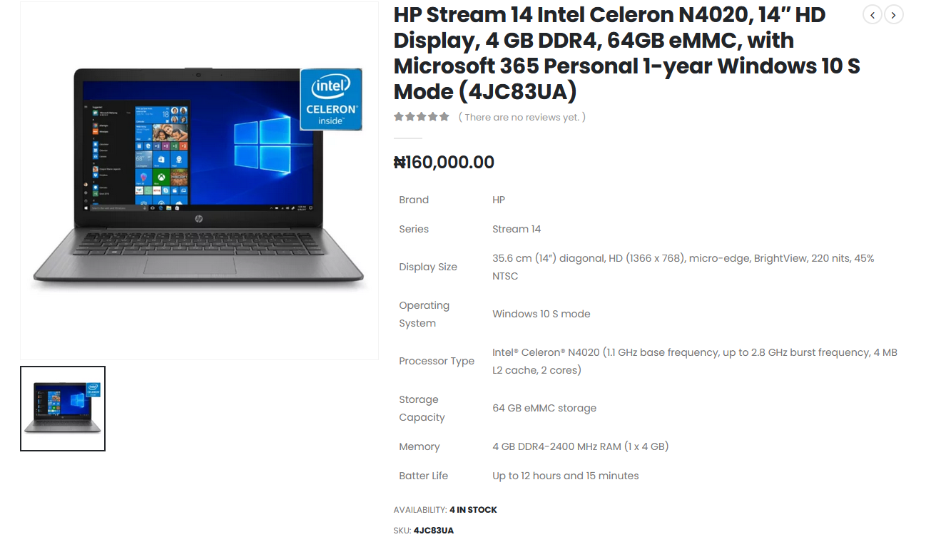 HP Stream 14 Intel Celeron N4020, 14″ HD Display, 4 GB DDR4, 64GB eMMC, with Microsoft 365 Personal 1-year Windows 10 S Mode (4JC83UA)