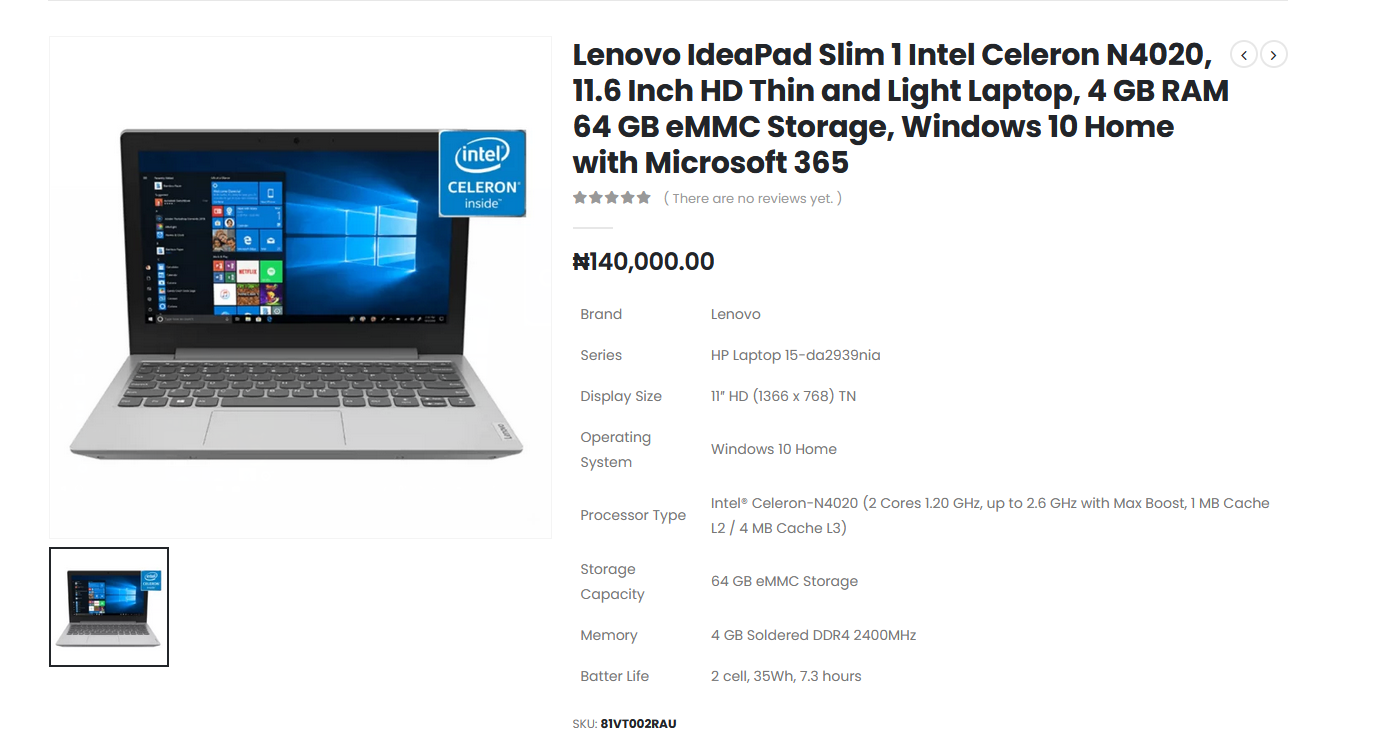 Lenovo IdeaPad Slim 1 Intel Celeron N4020, 11.6 Inch HD Thin and Light Laptop, 4 GB RAM 64 GB eMMC Storage, Windows 10 Home with Microsoft 365